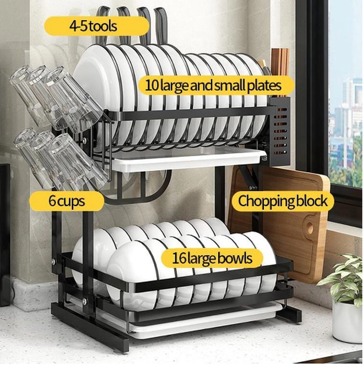 Doogo® Afdruiprek Met Lekbak 2 Laags – Inklapbaar - Muur Hangen Mogelijke - Afwasrek – Met 2 Lekbakken – Extra Accessories Voor Servies En Snijplanken - RVS - Afbeelding 9