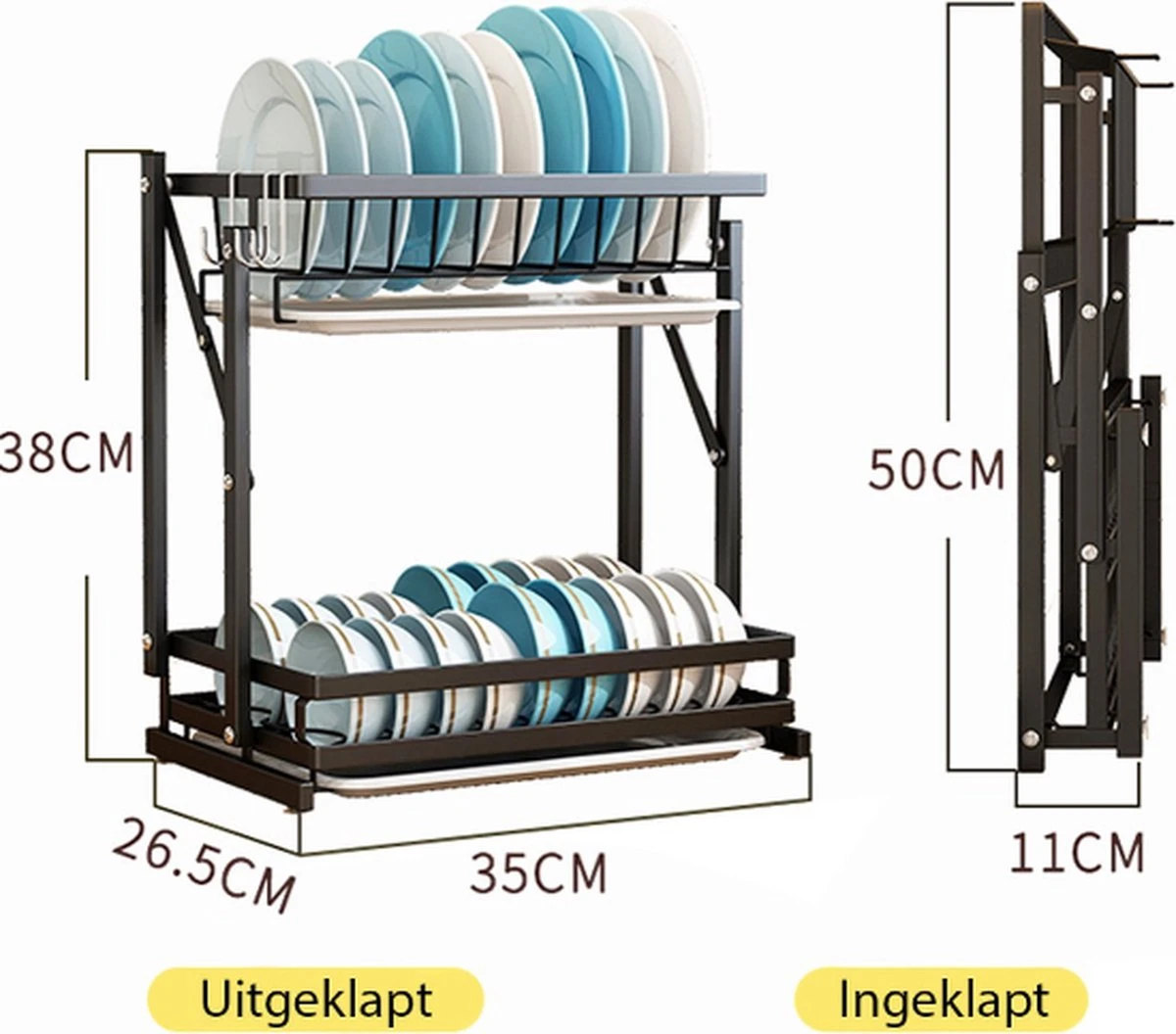 Doogo® Afdruiprek Met Lekbak 2 Laags – Inklapbaar - Muur Hangen Mogelijke - Afwasrek – Met 2 Lekbakken – Extra Accessories Voor Servies En Snijplanken - RVS - Afbeelding 4
