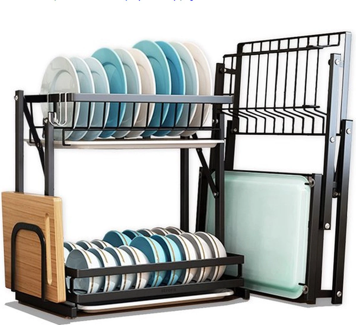 Doogo® Afdruiprek Met Lekbak 2 Laags – Inklapbaar - Muur Hangen Mogelijke - Afwasrek – Met 2 Lekbakken – Extra Accessories Voor Servies En Snijplanken - RVS - Afbeelding 5