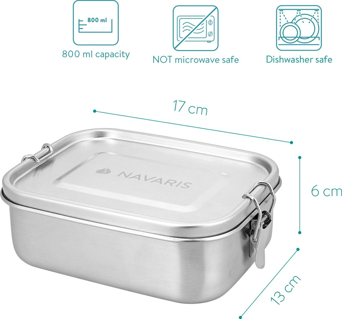 Navaris RVS Broodtrommel Met Verdeler - Meal Prep Bakje - Vershouddoos - Lunchbox - 17 X 13 X 6 Cm - Inhoud 0,8 Liter - Vaatwasbestendig - Afbeelding 2