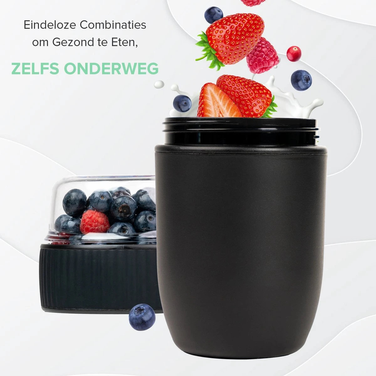 Coninx Yoghurtbeker To Go - Muesli Beker To Go - Lunchbeker - Mueslibeker 640ml (450ml+190ml) - Zwart - Afbeelding 4