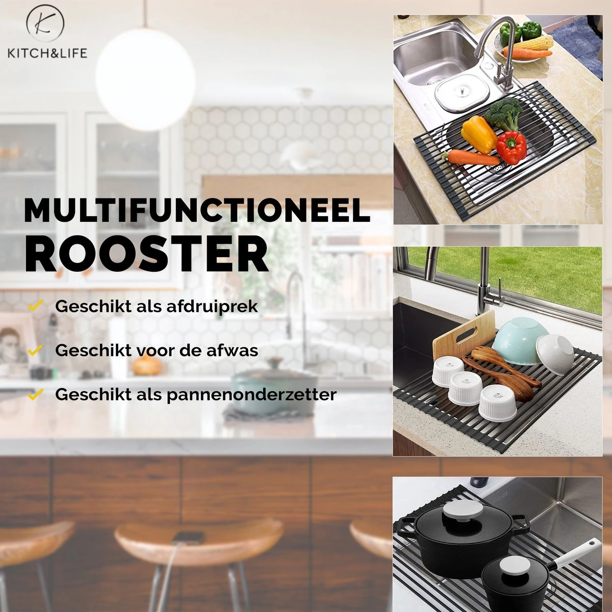 Kitch&Life Afdruiprek Oprolbaar - Mat Zwart - Pannenonderzetter - Afdruipmat - Keukenrek 3-in-1 - Afbeelding 3