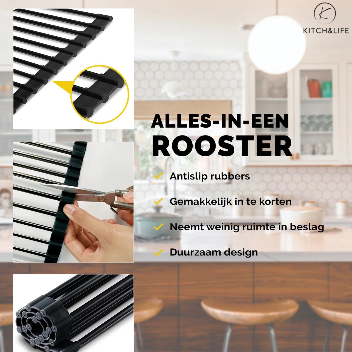 Kitch&Life Afdruiprek Oprolbaar - Mat Zwart - Pannenonderzetter - Afdruipmat - Keukenrek 3-in-1 - Afbeelding 4