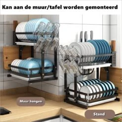 Doogo® Afdruiprek Met Lekbak 2 Laags – Inklapbaar - Muur Hangen Mogelijke - Afwasrek – Met 2 Lekbakken – Extra Accessories Voor Servies En Snijplanken - RVS