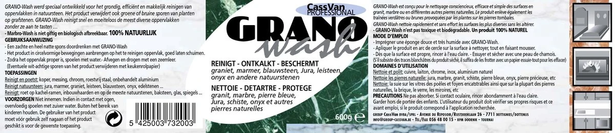 GranoWash REINIGT - ONTKALKT - BESCHERMT Graniet, Marmer, Blauwsteen, Jura, Leisteen, Onyx En Andere Natuurstenen 600g - Afbeelding 2