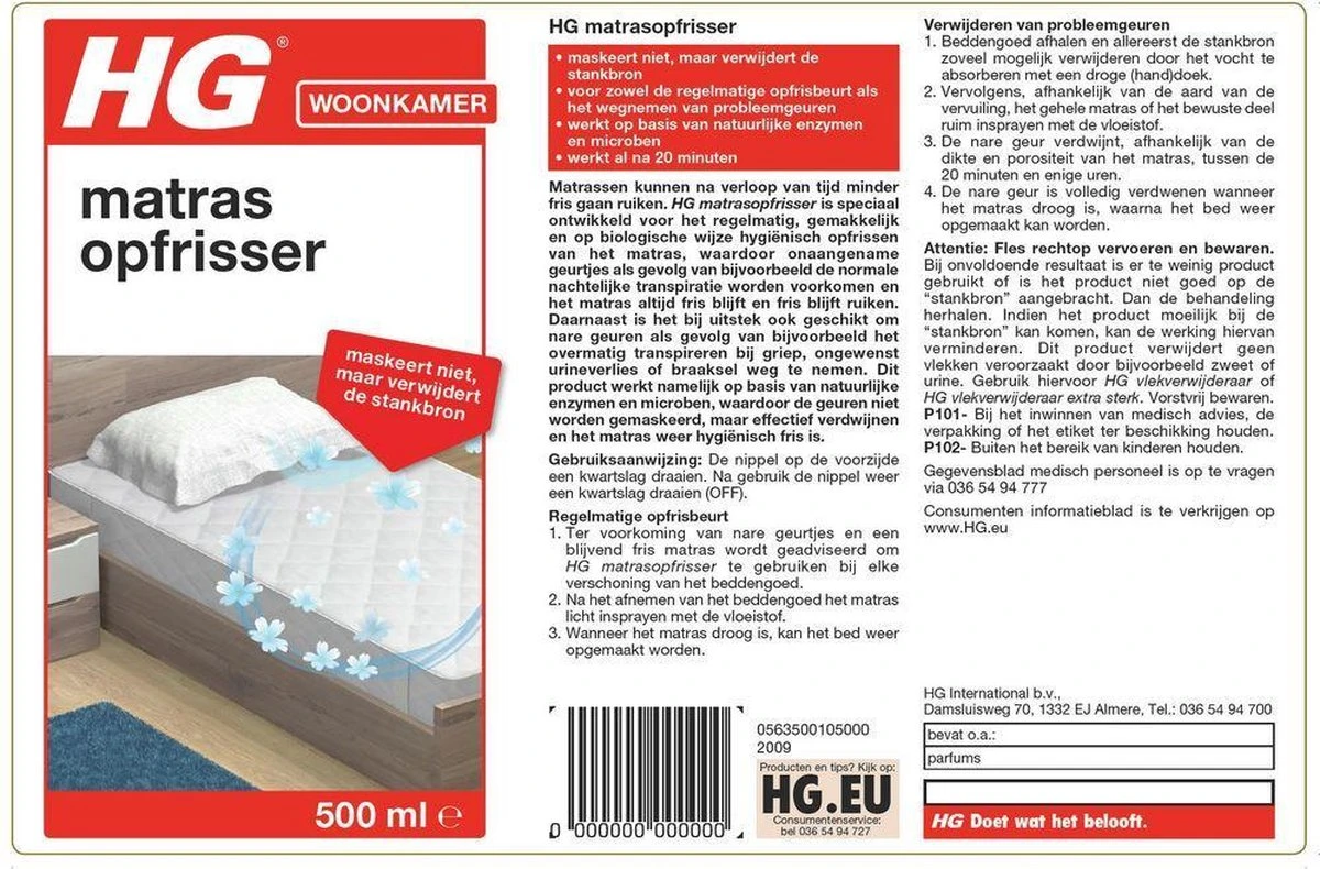 HG Matrasopfrisser - 500ml - Maskeert Niet, Maar Neemt De Bron Weg - Geeft Snel Een Fris Matras - Afbeelding 2