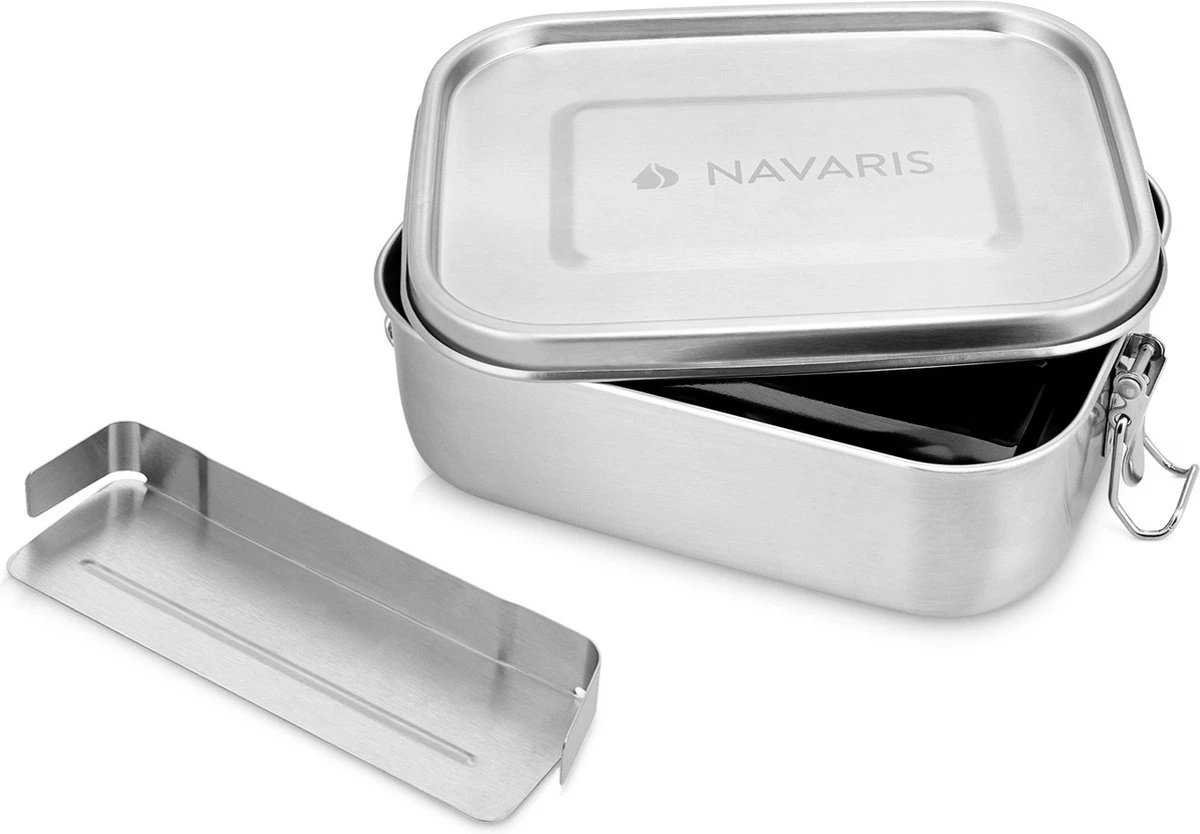 Navaris RVS Broodtrommel Met Verdeler - Meal Prep Bakje - Vershouddoos - Lunchbox - 17 X 13 X 6 Cm - Inhoud 0,8 Liter - Vaatwasbestendig - Afbeelding 5
